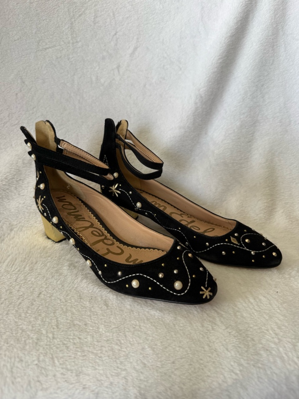Sam Edelman Lucien Embroidered Pearl Stud Ankle Strap Block Heel Pumps - Picture 2 of 7